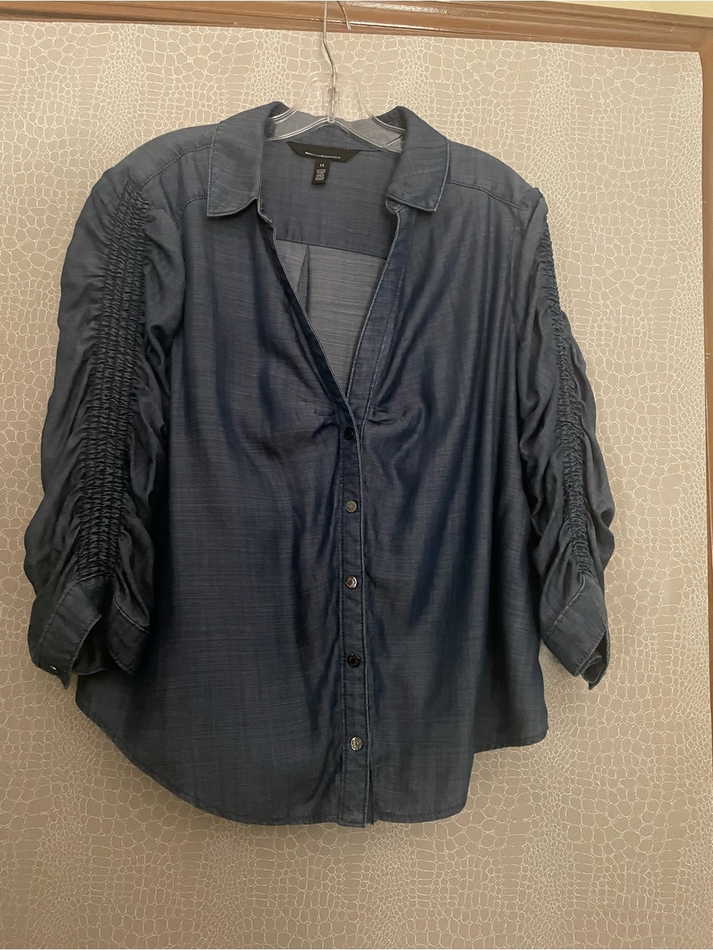 White House Black Market Navy Button-Down Shirt with Ruched Sleeves